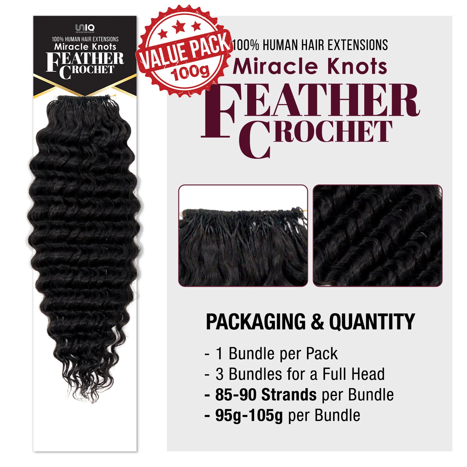 Uniq Hair 100% Human Hair Seamless Pre-Separated Feather Crochet Deep Wave