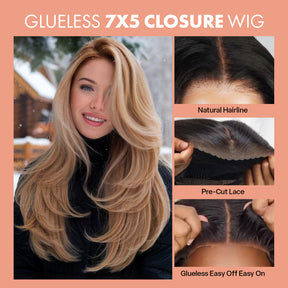 100% Human Hair Wear and Go Pre Cut Pre Plucked Glueless 7x5 Closure Wig Layered Blow Out with Curtain Bangs T4/27 Ombre Light Brown Honey 18"
