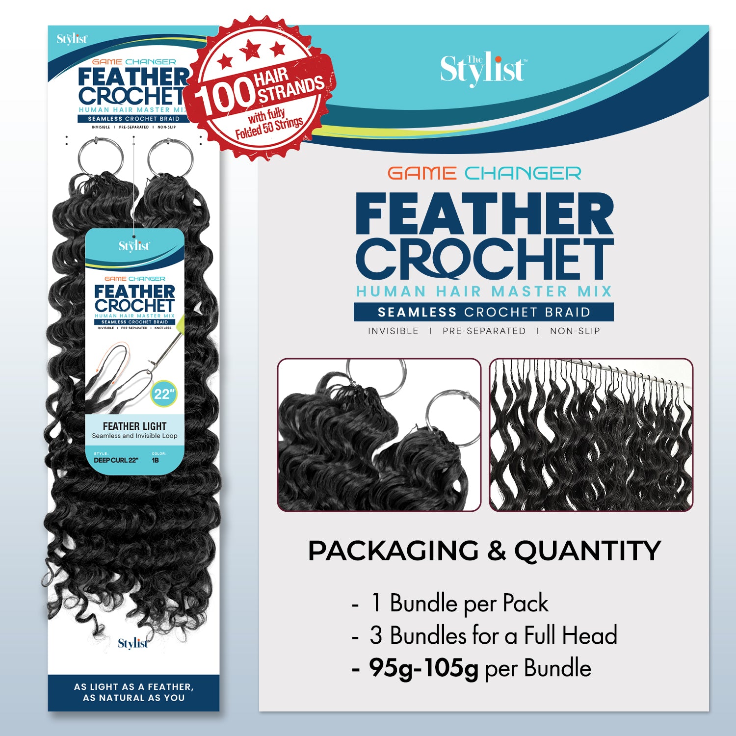 The Stylist Game Changer Human Hair Blend Feather Crochet Deep Curl 22" (100 Strands/ 50 Strings)