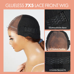 100% Human Hair Wear and Go Pre Cut Pre Plucked Glueless 7x5 Closure Wig Layered Blow Out with Curtain Bangs T4/27 Ombre Light Brown Honey 18"