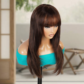 100% Human Hair Wear and Go Pre Cut Pre Plucked Glueless 13x5 Lace Front Wig Straight with Bang Brown 22"