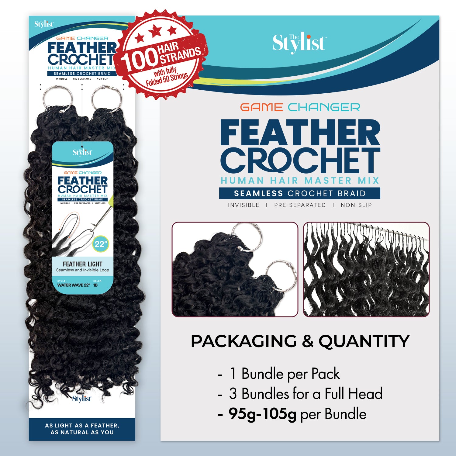 The Stylist Game Changer Human Hair Blend Feather Crochet Water Wave 22" (100 Strands/ 50 Strings)