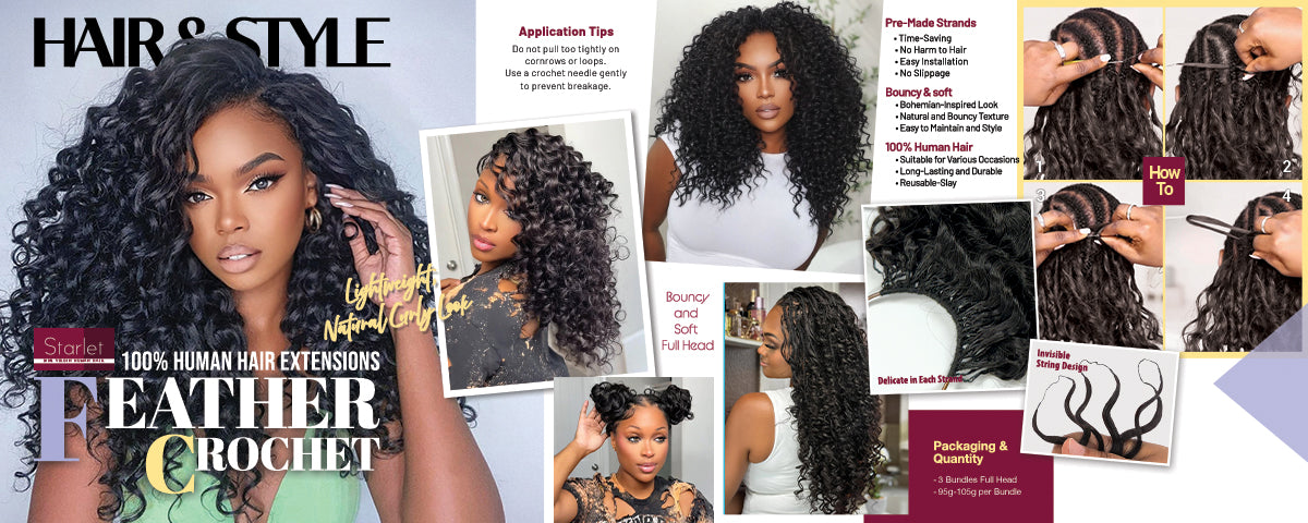 100g VALUE PACK Starlet 100% Human hair Miracle Knots Feather Crochet Braid Burmese Curl 16"