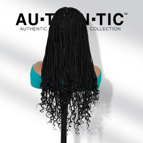 Authentic Glueless Full Lace Braided Wig Medium Knotless Goddess Box Braids Loose Curly Tips 1B 24" BW Unit7