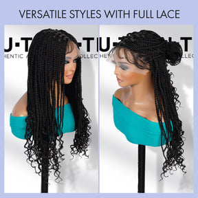 Authentic Glueless Full Lace Braided Wig Medium Knotless Goddess Box Braids Loose Curly Tips 1B 24" BW Unit7