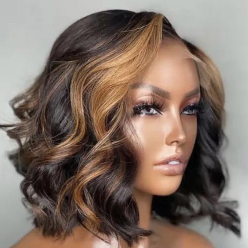 UpScale 100% Human Hair Glueless Pre Plucked 13x4 Lace Frontal Wig Edge Blonde Highlight Wavy Bob 12"
