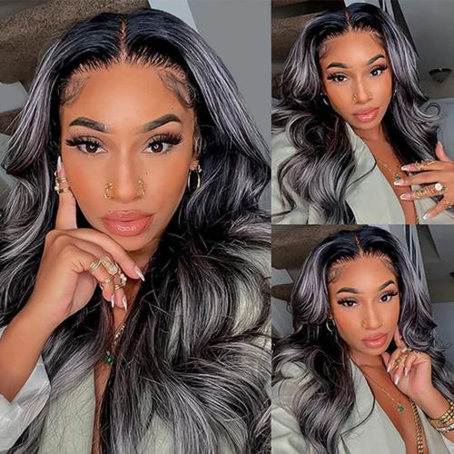 UpScale 100% Human Hair Glueless Pre Plucked 13x4 Lace Frontal Wig Silver Gray Highlight Body Wave 24"