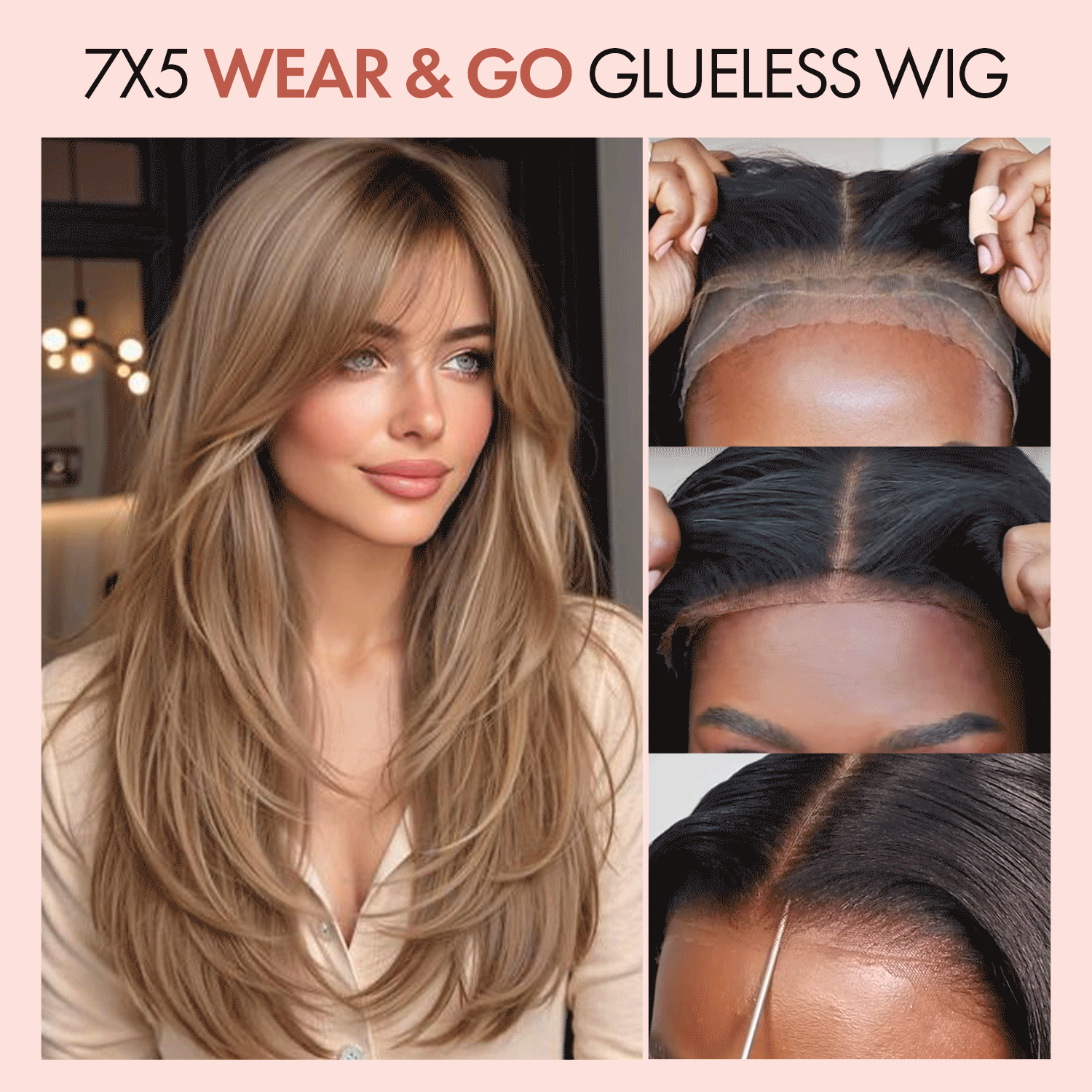 100% Human Hair Wear and Go Pre Cut Pre Plucked Glueless 7x5 Closure Wig Layered Blow Out with Curtain Bangs T4/27 Ombre Light Brown Honey 18"
