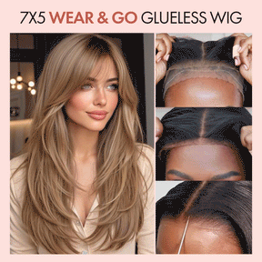 100% Human Hair Wear and Go Pre Cut Pre Plucked Glueless 7x5 Closure Wig Layered Blow Out with Curtain Bangs T4/27 Ombre Light Brown Honey 18"