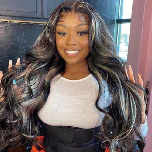 UpScale 100% Human Hair Glueless Pre Plucked 13x4 Lace Frontal Wig Silver Gray Highlight Body Wave 24"