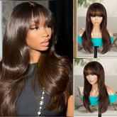 100% Human Hair Wear and Go Pre Cut Pre Plucked Glueless 13x5 Lace Front Wig Straight with Bang Brown 22"