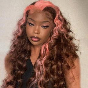 UpScale 100% Human Hair Glueless Pre Plucked 13x6 Lace Frontal Wig Pink Brown Highlight Straight 20"