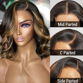 UpScale 100% Human Hair Glueless Pre Plucked 13x4 Lace Frontal Wig Edge Blonde Highlight Wavy Bob 12"