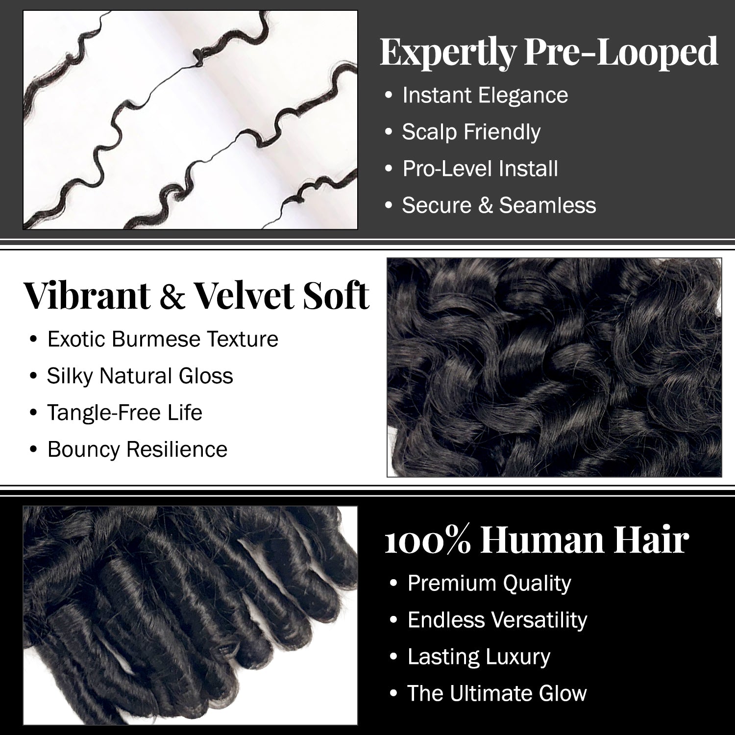 Uniq 100% Human hair Seamless Pre-Separated Feather Crochet Burmese Curl (14"-18") (60g)
