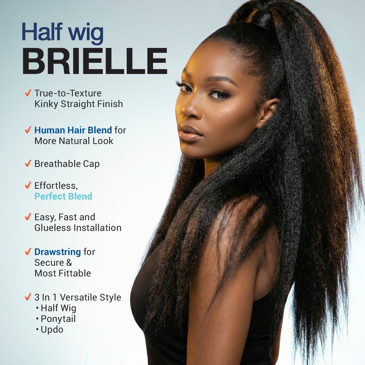 The Stylist Human Hair Blend Perfect Blend Kinky Straight Textured Drawstring Half Wig Brielle
