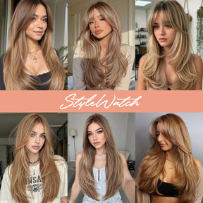 100% Human Hair Wear and Go Pre Cut Pre Plucked Glueless 7x5 Closure Wig Layered Blow Out with Curtain Bangs T4/27 Ombre Light Brown Honey 18"