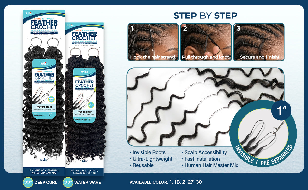 The Stylist Game Changer Human Hair Blend Feather Crochet Deep Curl 22" (100 Strands/ 50 Strings)