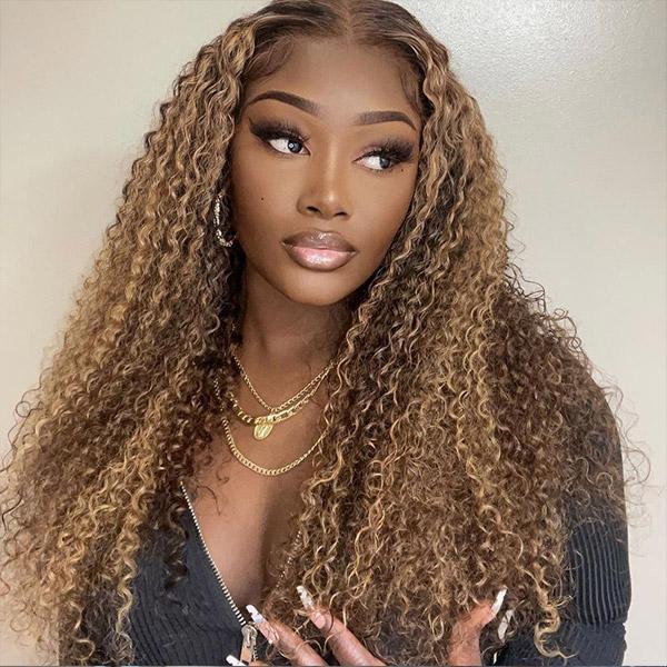 UpScale 100% Human Hair Glueless 13x6 Lace Frontal Wig Honey BlondeSun Kissed Highlight Kinky Curly 20"
