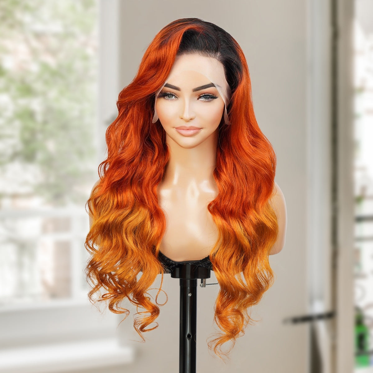 UpScale 100% Human Hair Glueless 13x4 Lace Frontal Wig Red Orange Loose Wave 24"
