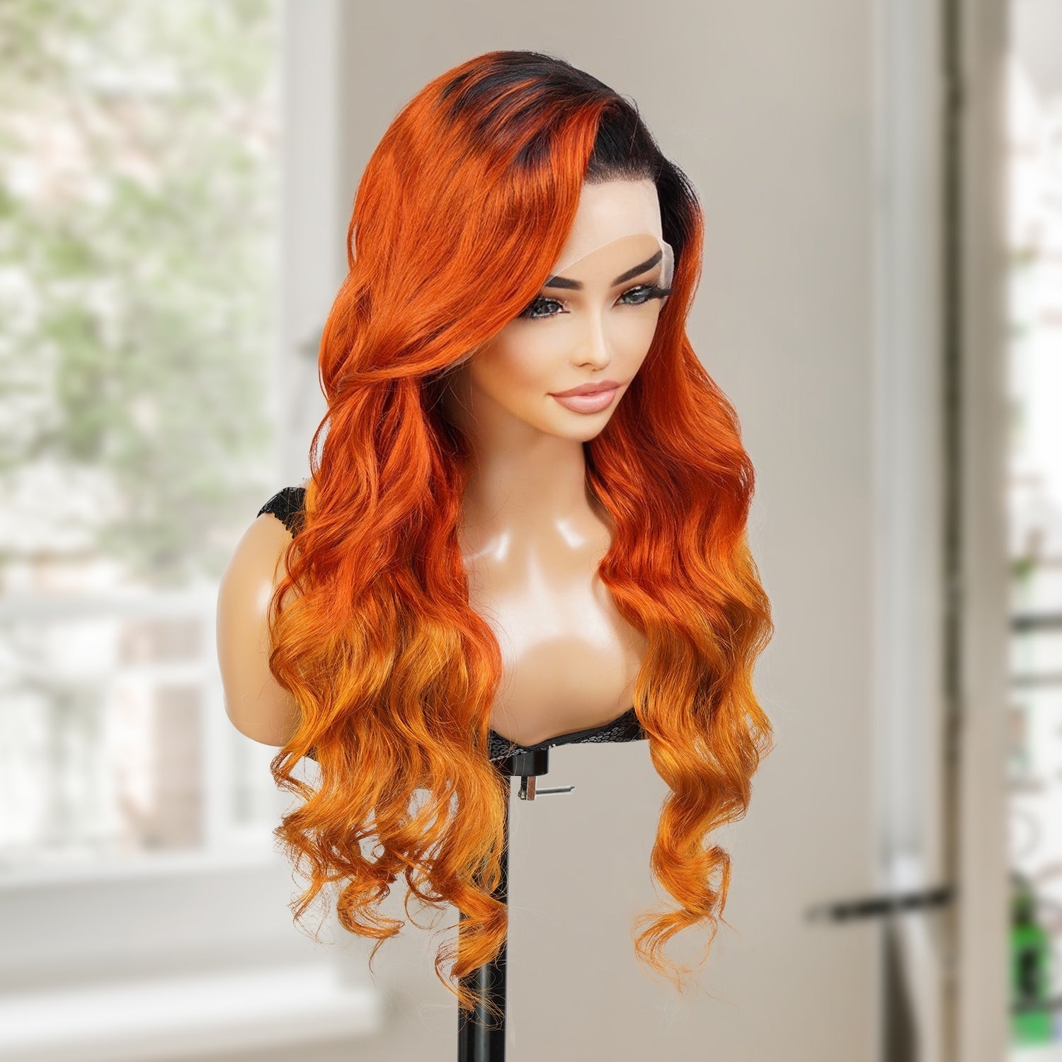 UpScale 100% Human Hair Glueless 13x4 Lace Frontal Wig Red Orange Loose Wave 24"