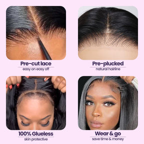 100% Human Hair Wear and Go Pre Cut Pre Plucked Glueless 5x5 Lace Wig Natural wave bob 12"