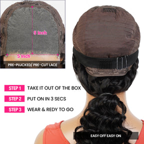 100% Human Hair Wear and Go Pre Cut Pre Plucked Glueless 5x5 Lace Wig Natural wave bob 12"