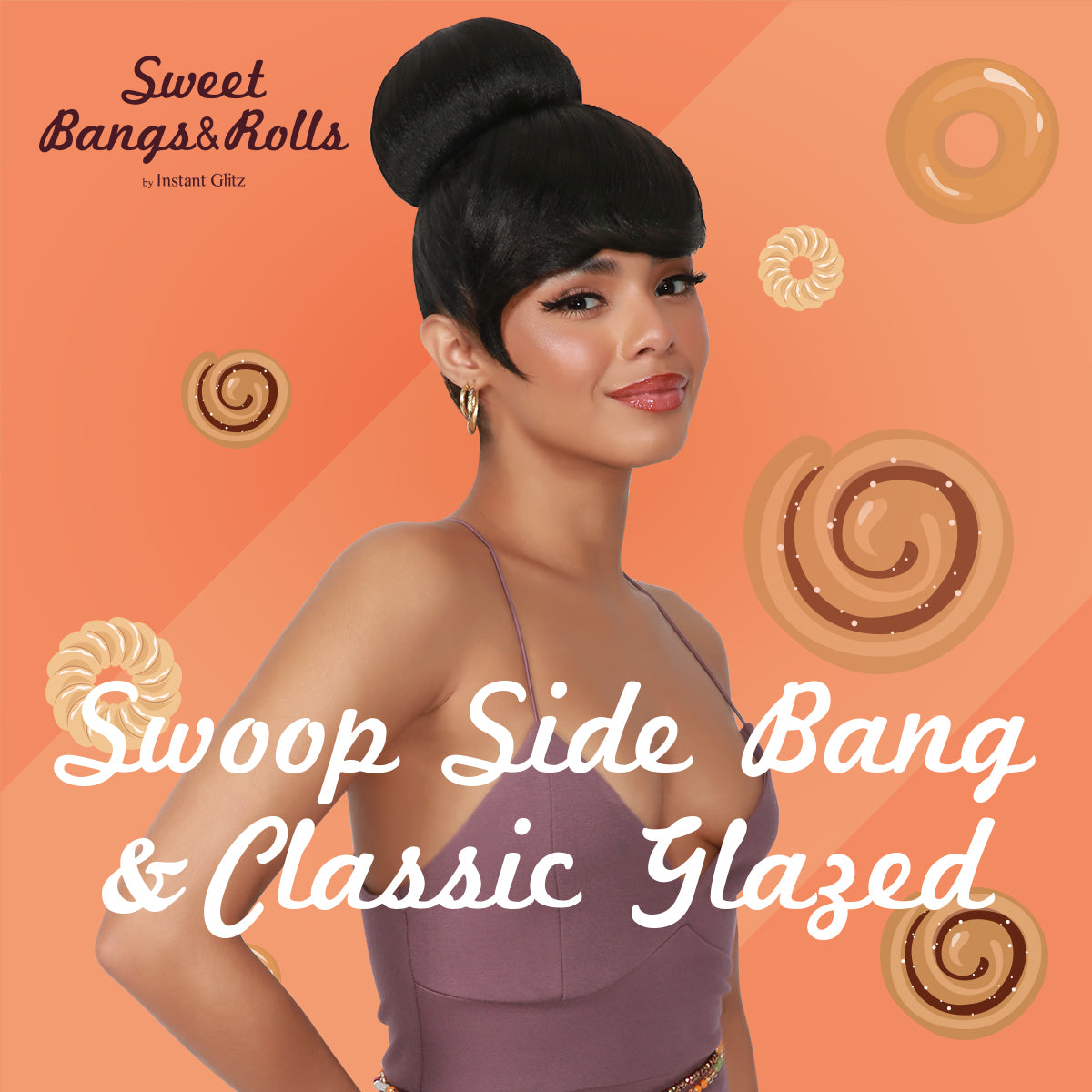 Combination, Swoop Side Bang, Curtain Bang, Layered Bang, Hair Piece, Classic Glazed, Donut Bun, Medium Bun