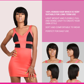 100% Human Hair Wig in Medium Bob with bang style