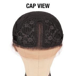 T-Part, Center Part, Middle Part, Medium Wavy, Medium Curly, Natural Hairline, Short Human hair lace wig, Blockhead Cap view