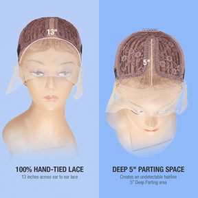 Human Hair, Lace Wig, T part, Deep part, Center Part, Middle Part, Long and Full, Natural Hairline, Fancy Look, Vacation Hairstyle, Lace Front Part 5", High quality HD Lace, 100% Hand-tied lace, 13 inches across ear to ear lace for realistic scalp and natural hairline, Made of breathable cap material with high-quality HD Lace, Cap view, Blonde, 613