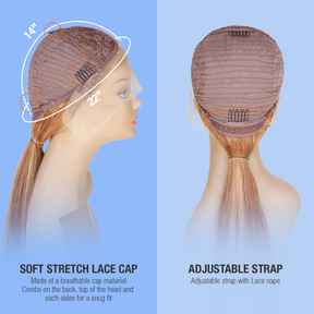 Human Hair, Lace Wig, T part, Deep part, Center Part, Middle Part, Long and Full, Natural Hairline, Fancy Look, Vacation Hairstyle, Lace Front Part 5", Soft stretch lace cap, combs on the back and each side, adjustable straps helps to achieve a more secure fit, Cap view, Blonde, 613