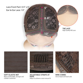 Human Hair, Lace Wig, T part, Deep part, Center Part, Middle Part, Long and Full Curly, Natural Hairline, Fancy Look, Vacation Hairstyle, Lace Front Part 5", High quality HD Lace, Soft Elastic Net, More comfortable, stronger and a better customize, Adjustable straps at nape, Helps to a more secure fit, Wire combs, One at back and Each side, Cap view