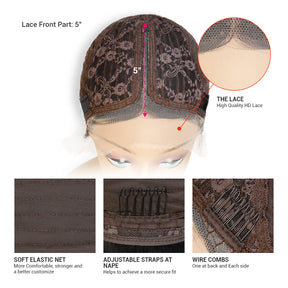 Human Hair, Lace Wig, T part, Deep part, Center Part, Middle Part, Long and Full Curly, Natural Hairline, Fancy Look, Vacation Hairstyle, Lace Front Part 5", High quality HD Lace, Soft Elastic Net, More comfortable, stronger and a better customize, Adjustable straps at nape, Helps to a more secure fit, Wire combs, One at back and Each side, Cap view