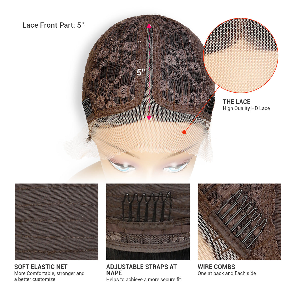 Human Hair, Lace Wig, T part, Deep pLace Front Part 5", High quality HD Lace, Soft Elastic Net, More comfortable, stronger and a better customize, Adjustable straps at nape, Helps to a more secure fit, Wire combs, One at back and Each side, Cap view