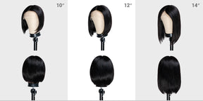 Shop affordable human hair wig. Center part short human hair bob lace front wigs made with Unprocessed Virgin Human hair, It has natural hairline which can be customized, Classical bob hairstyle with natural color, Trending tiktok viral wig, Fits All Face Shapes. Glueless Minimalist Lace Bob Wig.