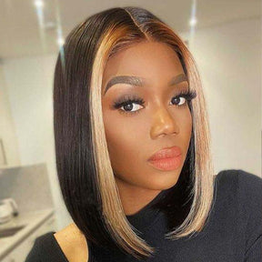 T shape lace part wig gives natural hairline and realistic lace part with affordable price, Medium Length Bob Style, Most trendy Face Framing Highlight Ombre Hair color. No extra money for hair dyeing, Pre-bleached by expert