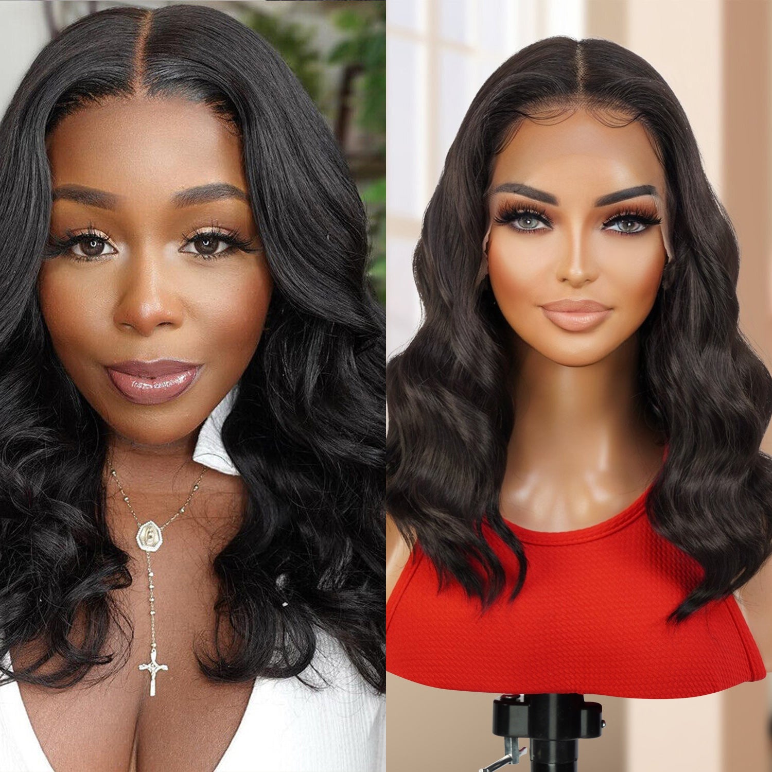 Multi-Parting, 13X6, Human Hair Blend, Frontal Wig, Invisible Lace, Pre-Plucked, Wavy Long Bob, Mid-Length Loose Wave, 