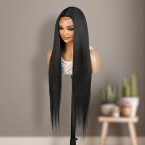 Introducing our stunning 36-inch waist-length straight Swiss lace front wig! Made with heat-resistant synthetic fibers, this wig offers a natural-looking hairline with a 4.5" deep middle center part design, perfect for black women. The soft Swiss lace front ensures comfort and security, while adjustable straps allow for a customizable fit. Elevate your style and enhance your beauty effortlessly with this must-have wig. Shop now for ultimate style and versatility!