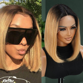 Virgin Brazilian Remy Human Hair HD Lace Front Wig 13X5 T-Part Ombre Honey Blonde Bob 12"
