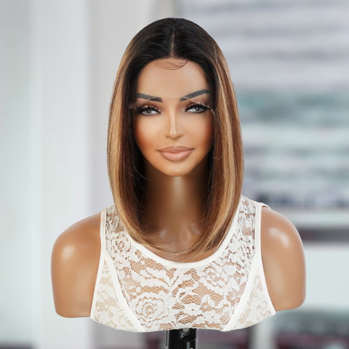 Virgin Brazilian Remy Human Hair HD Lace Front Wig 13X5 T-Part Honey Blonde Chunky Highlight Bob