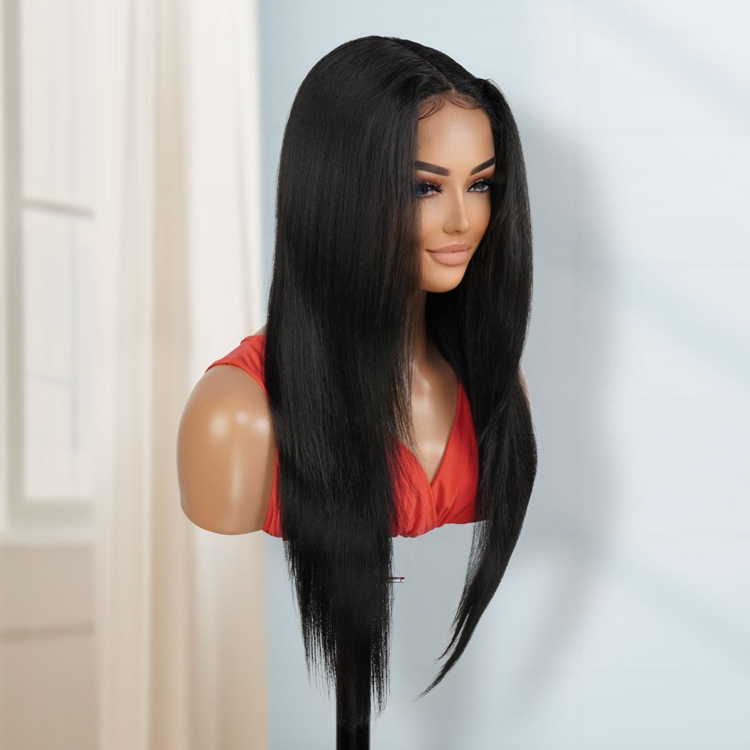Introducing our stylish 26-inch waist-length straight lace front wig! Crafted with premium synthetic fibers, this wig guarantees a sleek and sophisticated appearance for any event. Its lace front design creates a natural hairline, and adjustable straps provide a secure and comfortable fit. Elevate your style or enhance your natural beauty with this essential wig. Shop now for the ultimate in style and versatility.