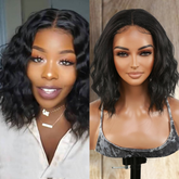 Introducing our gorgeous loose deep wave layered bob wig! Made with heat-resistant synthetic fibers, this wig features a middle part Swiss lace front for a natural-looking hairline. With a 12-inch length and curly wavy style, it adds volume and dimension to your hair. The layered bob cut adds a trendy touch. Perfect for black women, this easy-to-wear and style wig is a must-have. Shop now for ultimate style and versatility!