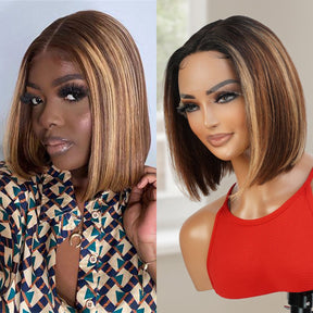 Virgin Brazilian Remy 100% Human Hair HD Lace Front Wig 13X5 T-Part Honey Blonde Chunky Highlight Bob