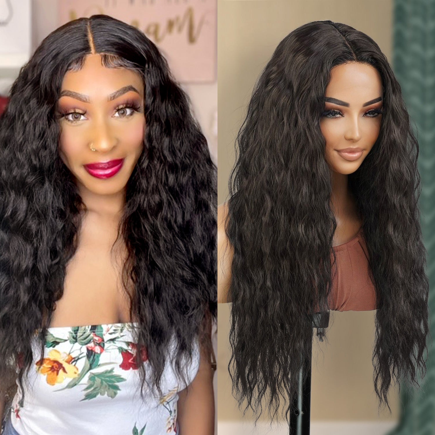 Introducing our long wavy loose deep wave Soft Swiss lace front wig! Made with high-quality heat-resistant synthetic fibers, this wig features a 4.5" deep middle center part for a natural-looking hairline. The adjustable straps provide a secure fit, while the soft Swiss lace front seamlessly blends with your natural hairline. Perfect for daily wear, cosplay, or parties. Shop now for style and versatility!