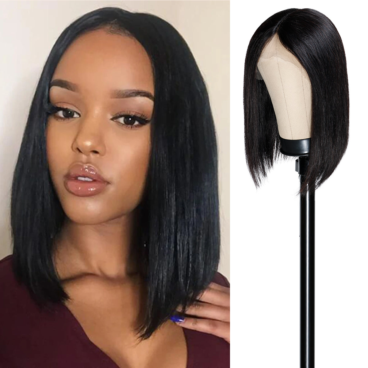 Top Grade Human Hair Center Part Bob Wig, Glueless Lace Front Wigs, Unprocessed Virgin Human hair, You can dye or bleach and perm, 150 Density hair with Pre-Plucked Hairline, Real & natural looking human hair lace wig, Perfect hairstyle for all season