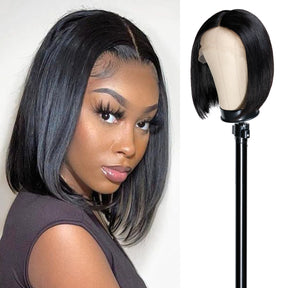 Shop affordable human hair wig. Center part short human hair bob lace front wigs made with Unprocessed Virgin Human hair, It has natural hairline which can be customized, Classical bob hairstyle with natural color, Trending tiktok viral wig, Fits All Face Shapes. Glueless Minimalist Lace Bob Wig.