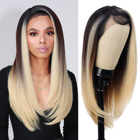 13x6 lace wig, chunky highlight wig, chunky money piece highlights, blonde highlights, MOP1B/BLOND color wigMulti-Parting, 13X6, Human Hair Blend, Frontal Wig, Invisible Lace, Pre-Plucked, Long Straight Wig, 