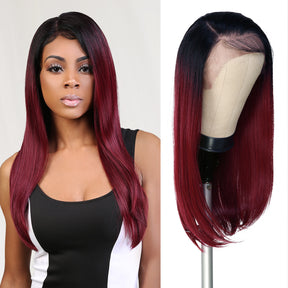 burgundy color wig, red wig, 13x6 burgundy wig, nice straight layered burgundy wigMulti-Parting, 13X6, Human Hair Blend, Frontal Wig, Invisible Lace, Pre-Plucked, Long Straight Wig, 