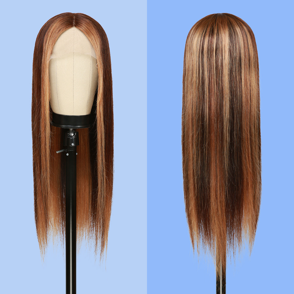 T shape lace part wig gives natural hairline and realistic lace part with affordable price, 100% Human Hair Pre-dyed Fancy Color For Black Women, 150% Density High Quality Blonde Hair, Pre-Plucked with Baby Hair, Balayage Brown Chunky Highlight Straight Hair, Beautiful ombre brown highlight color fashion and elegant and charming