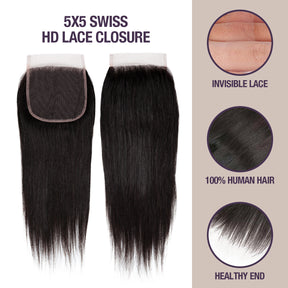 UpScale Virgin Human Hair 5x5 Swiss Lace Closure Bone Straight (12"-18")
